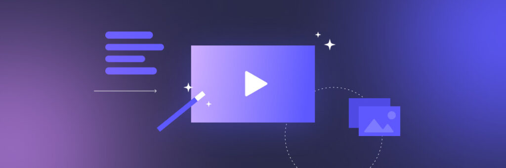 Graphic design of a purple-themed Biteable video maker interface with a central play button, decorative stars, and abstract shapes.