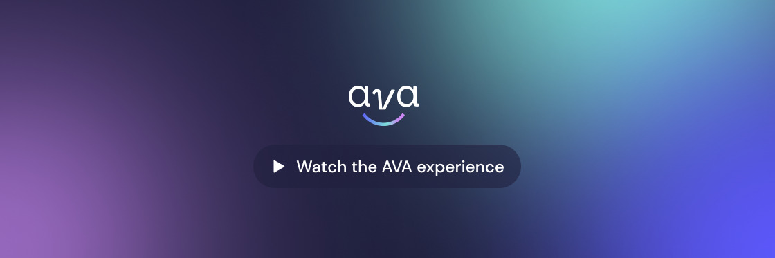 Web page banner with the logo "ava" and a button labeled "watch the ava experience" using Biteable video maker on a purple gradient background.