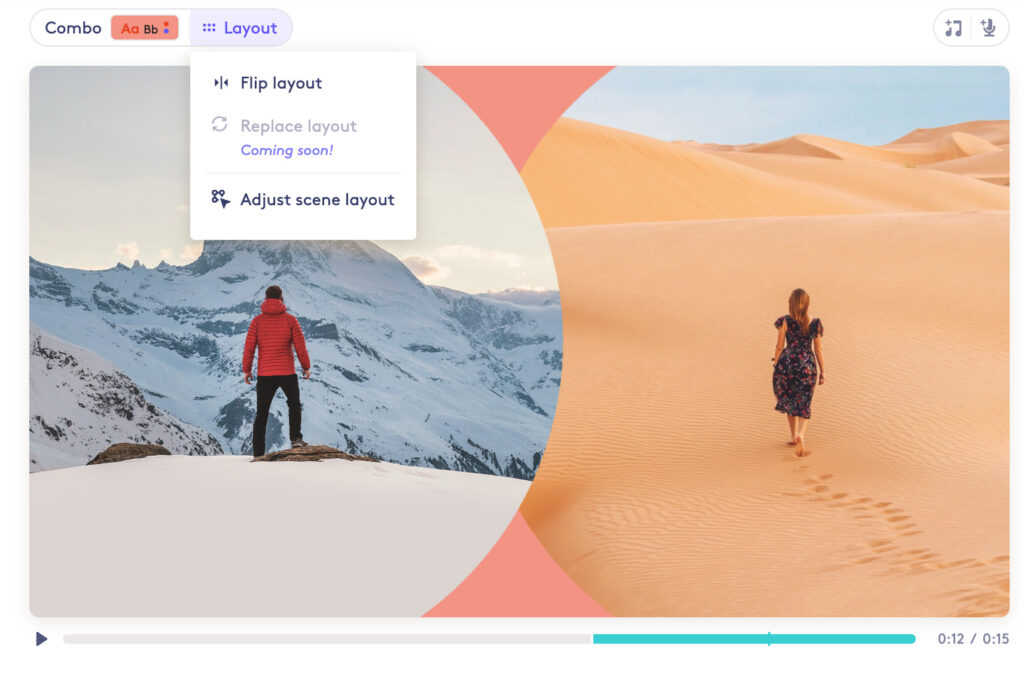 A split-image design displaying a man in a red jacket observing mountains on the left and a woman in a floral dress walking on sand dunes on the right, within the Biteable video maker interface.