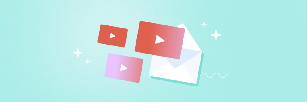 Three stylized video play buttons emerging from an envelope, on a soft turquoise background with decorative sparkles, representing the Biteable video maker.