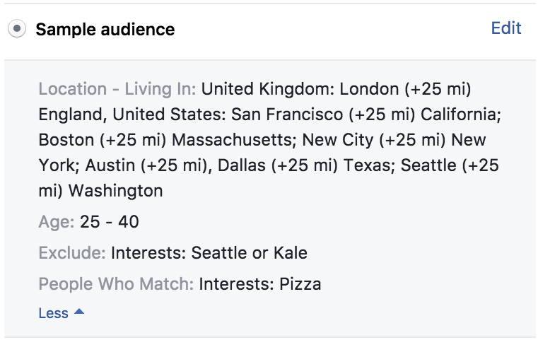 Screenshot of target audience settings for Biteable video maker, including location filters for cities in the UK and USA, age range 25-40, and interest in pizza, excluding interests in Seattle or kale
