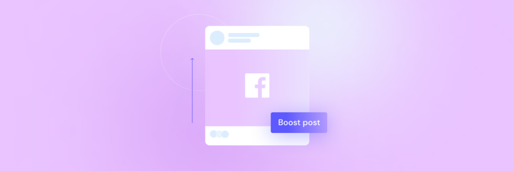 A simplified illustration of a Biteable video maker interface with a 'boost post' button, designed in a purple gradient background.
