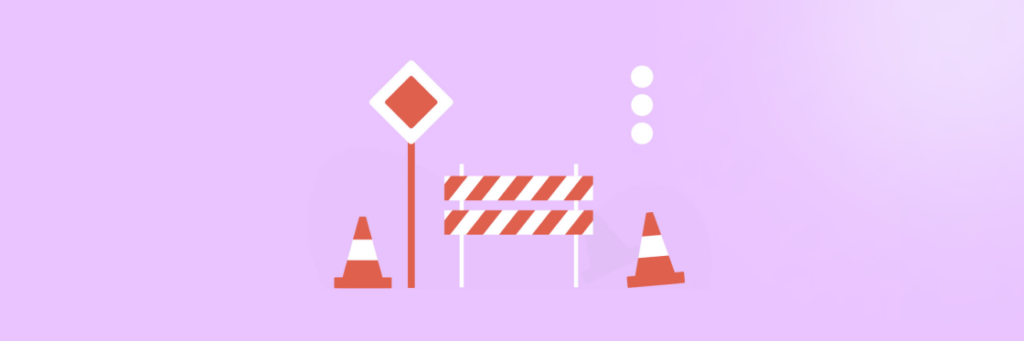 Illustration of a road construction scene with a barrier, traffic cones, a warning sign, and thought bubbles on a purple background for use in Biteable video maker.