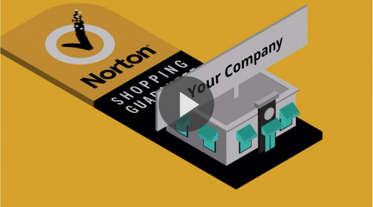 Graphic illustrating a "Norton Shopping Guarantee" seal above a stylized shop labeled "Your Company" on a yellow background, with a play button overlay indicating a Biteable video.