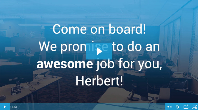 A Biteable promotional video paused on a screen displaying "come on board! we promise to do an awesome job for you, Herbert!" in an office setting.