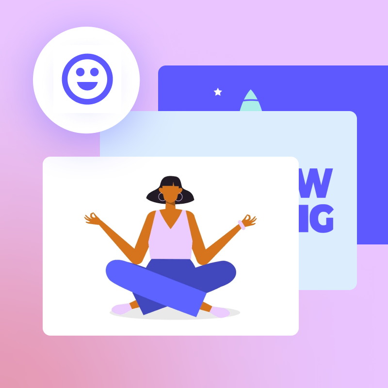 Illustration of a woman meditating with a calm expression, sitting cross-legged in front of floating digital screens displaying emojis and graphics produced by the Biteable video maker.