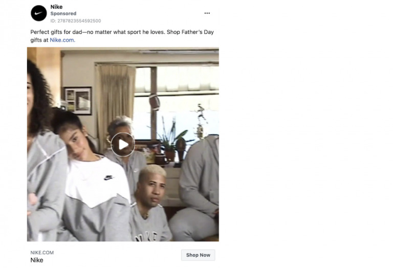 A screenshot of a Nike advertisement created using Biteable video maker, showing a family relaxing in a living room, with two individuals in Nike apparel and a play button indicating a video.