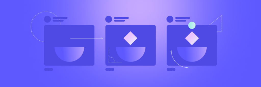 Graphic created using Biteable video maker, showing three stages of an abstract process with shapes and arrows on a purple gradient background.