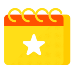 Illustration of a yellow calendar icon with a white star on the front page and orange accents, possibly indicating a special date or event related to Biteable video maker.