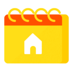 Icon of a yellow calendar with a house symbol on the date, accentuated by an orange header with Biteable video maker ring bindings.