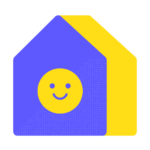 A graphic of a smiling face centered on a blue house-shaped background with a yellow triangular roof and Biteable video maker accents.