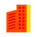 Abstract graphic of three overlaid stylized buildings in black, orange, and yellow, with a modern, geometric design suitable for Biteable video maker.
