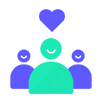 Three stylized figures with smiling faces depicted in different shades of blue and green, using Biteable video maker, with a large blue heart floating above the central figure on a black background.