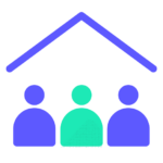 Icon representing three people under a house roof, with the central figure in green and the other two in blue, suggesting a family or community shelter concept suitable for use in Biteable video maker.