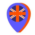 Map pin icon with the union jack design on a black background, created using Biteable video maker.