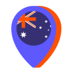 Icon of a map pin with the Australian flag inside it, framed by a prominent orange outline against a black background, optimized for use in Biteable video maker.