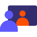 Two abstract figures represented by simple geometric shapes in blue and orange on a dotted purple background, designed using Biteable video maker.