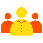 Three simplified, stylized icons representing people, with blank faces and colored in orange and yellow, against a black background, suitable for use in Biteable video maker.