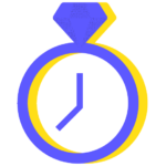 A logo featuring overlapping blue and yellow rings with a stylized white clock face showing the time at ten past ten, designed for Biteable video maker.