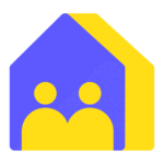 Graphic icon of two abstract people inside a blue and yellow house, symbolizing community or family housing, designed using Biteable video maker.