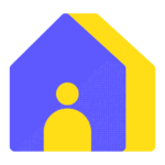 Abstract graphic of a blue house with a yellow roof containing a stylized, dotted silhouette of a person in the doorway, created using Biteable video maker.