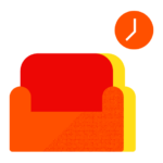 Abstract graphic of a red chair with a yellow outline against a black background, produced using Biteable video maker, featuring a small orange clock in the upper right corner.
