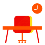 A stylized graphic created with Biteable video maker, featuring an empty red office chair behind an orange desk against a black background, with a clock on the upper right side.