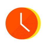 A minimalist clock icon with a white hour hand and a white minute hand against an orange backdrop, outlined by a thin yellow circle, designed to complement the Biteable video maker interface.