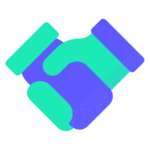 Two stylized hands interlocked, featuring a color gradient from green to blue with a dotted pattern overlay, on a black background in a Biteable video maker style.