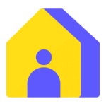 A simple graphic from Biteable video maker featuring a yellow house with a blue roof and a stylized blue figure in the doorway.