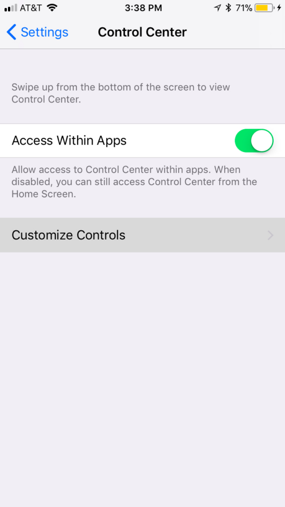 Screenshot of an iPhone settings menu showing the "Control Center" options with "access within apps" toggled on to facilitate use with Biteable video maker.