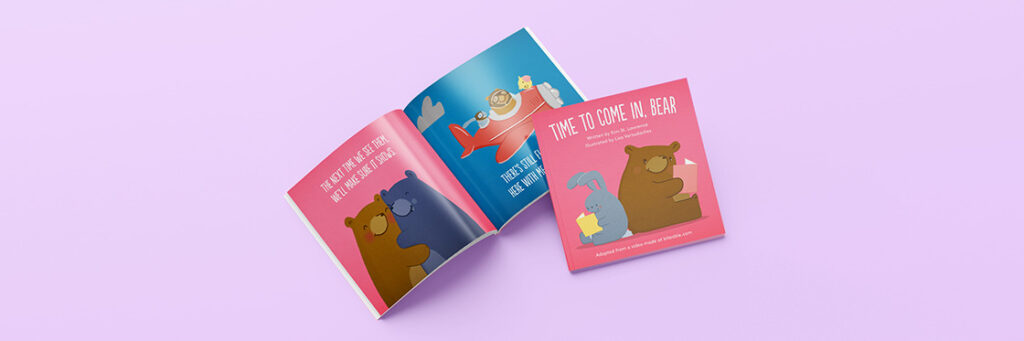Open children's book with colorful illustrations of bears and playful fonts on a Biteable video maker background.