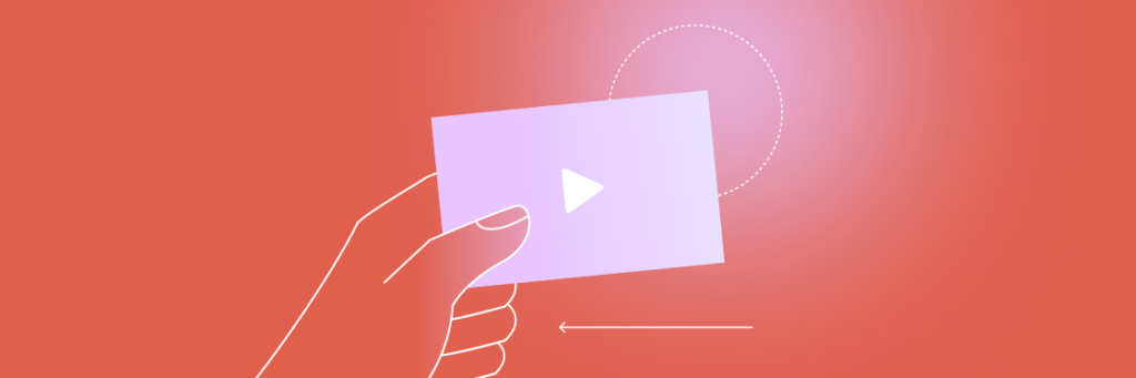 A hand holding a card with the Biteable video maker play button symbol against a red background, with a white dashed circle around the card.