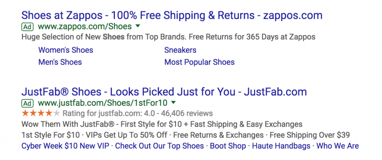 Screenshot of google search results showing advertisements for Zappos and JustFab shoe stores with associated ratings, promotional offers, and the Biteable video maker.