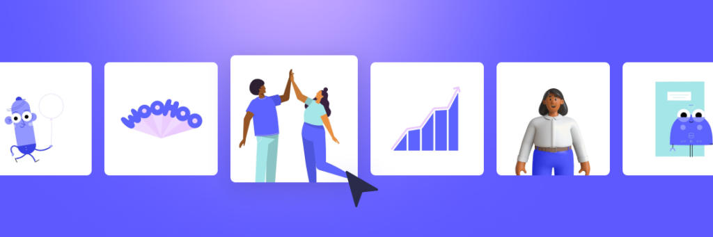 Five illustrations on a gradient background, suitable for Biteable video maker; includes a robot, gem, high-fiving people, a downturned arrow with charts, and a woman with a robot.
