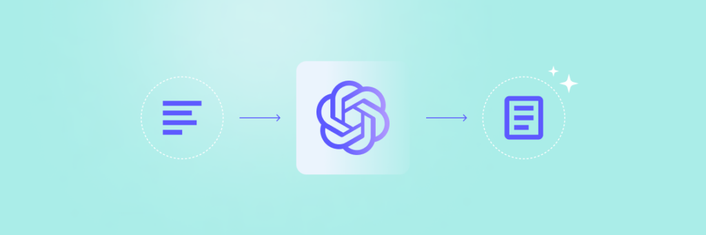 Graphic showing a data workflow in Biteable video maker: a list icon leads to a looping process icon, which leads to a document icon, all on a light blue background.