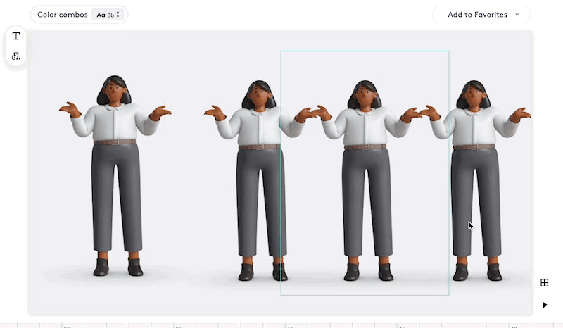 3D model of a woman in four poses expressing confusion, showcased on the Biteable video maker interface for design previews.