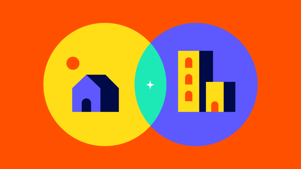 Graphic illustration of suburban and urban landscapes overlapped in two circles, created with Biteable video maker, featuring a house on the left and high-rise buildings on the right, set against an orange background.