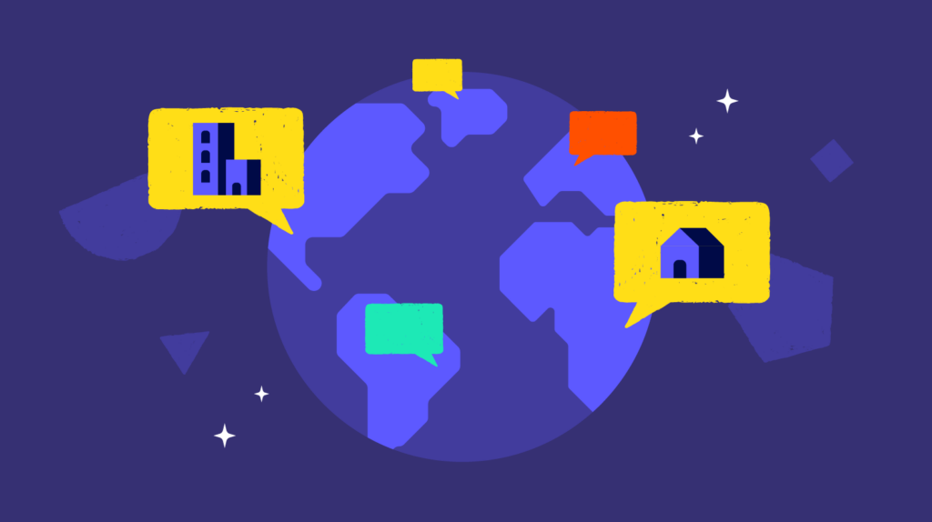 Illustration of a stylized globe with colorful speech bubbles containing symbols of a house and a building, set against a dark blue background with abstract shapes, designed using Biteable video maker.