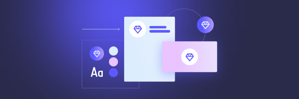 Graphic of user interface design elements with icons and panels on how to build a visual brand in a modern style on a purple background.