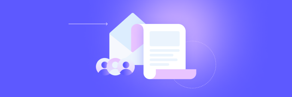 Graphic illustration of a letter and a document surrounded by abstract shapes on a purple background, representing communication concepts.