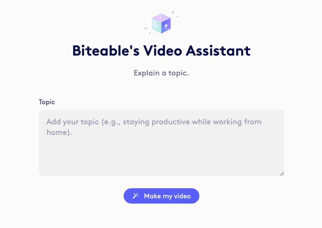 Screenshot of Biteable's video maker interface with a text field for entering a video topic and a "make my video" button.