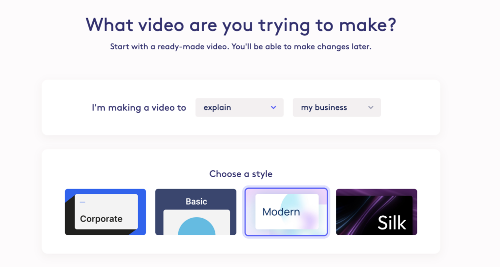 Web interface showing AI-generated video style options labeled "corporate," "basic," "modern," and "silk" for creating a business video.