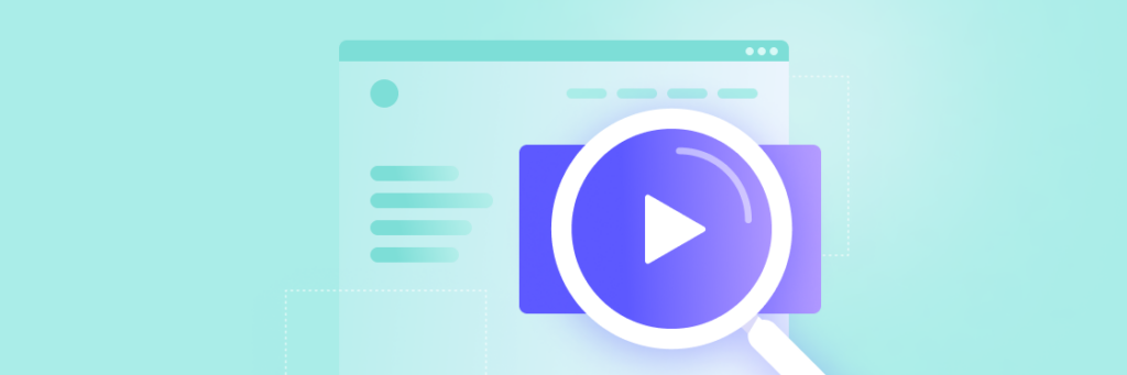 Graphic depicting a magnifying glass focused on a video play button, symbolizing video content analysis, on a light teal background with interface elements.