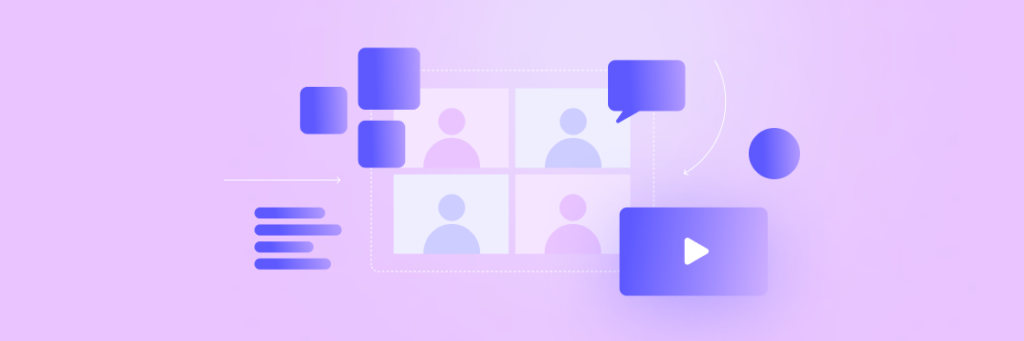 Graphic showcasing Zoom alternatives for a virtual meeting interface with user icons, text bubbles, and multimedia symbols on a purple background.