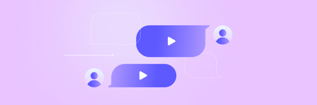 Illustration of two stylized chat bubbles, each containing a play button and user avatar, on a purple background, representing online video communication.