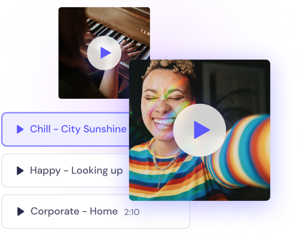 A digital interface displaying three video thumbnails: a person playing piano, a smiling person with colorful light on their face, and a corporate setting. Buttons include play icons and genre labels.