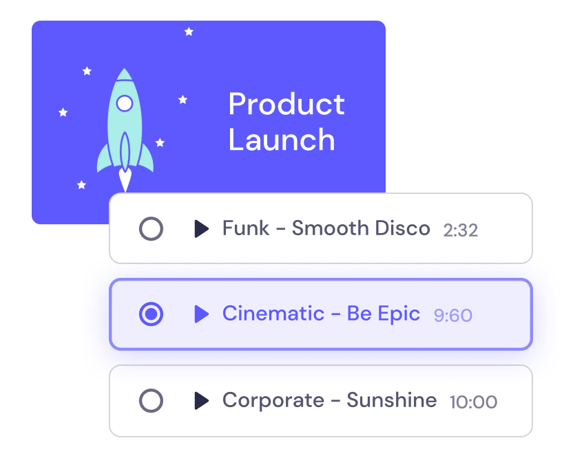 Graphic showing a "Product Launch" banner with a rocket icon, and three music track options: Funk - Smooth Disco, Cinematic - Be Epic, and Corporate - Sunshine.