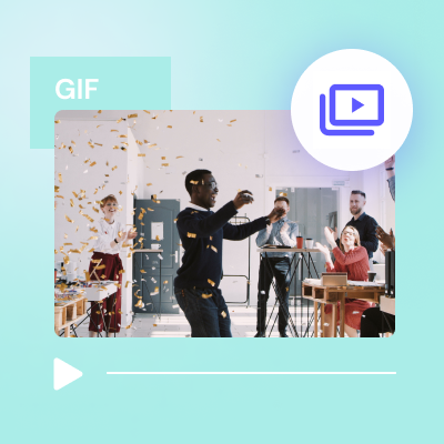 A group of five colleagues celebrating in an office, throwing papers in the air, with a video to gif logo and a video play icon overlay.