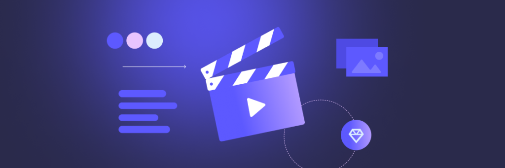 A graphic illustrating video editing elements, featuring a clapboard, play button, and image icons on a blue background.